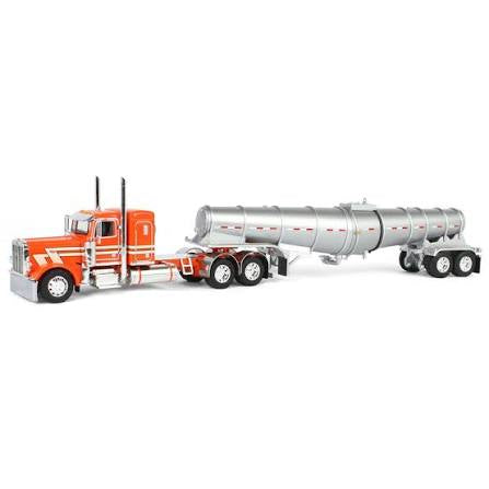 1:64 DCP Orange Peterbilt 389 Flat Top Sleeper with Polished Polar Deep Drop Tanker