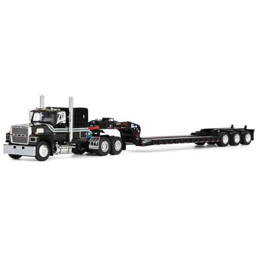 1:64 DCP Ford LTL 9000 w/60" Flat Top Sleeper & Tri-Axle Lowboy Trailer Black