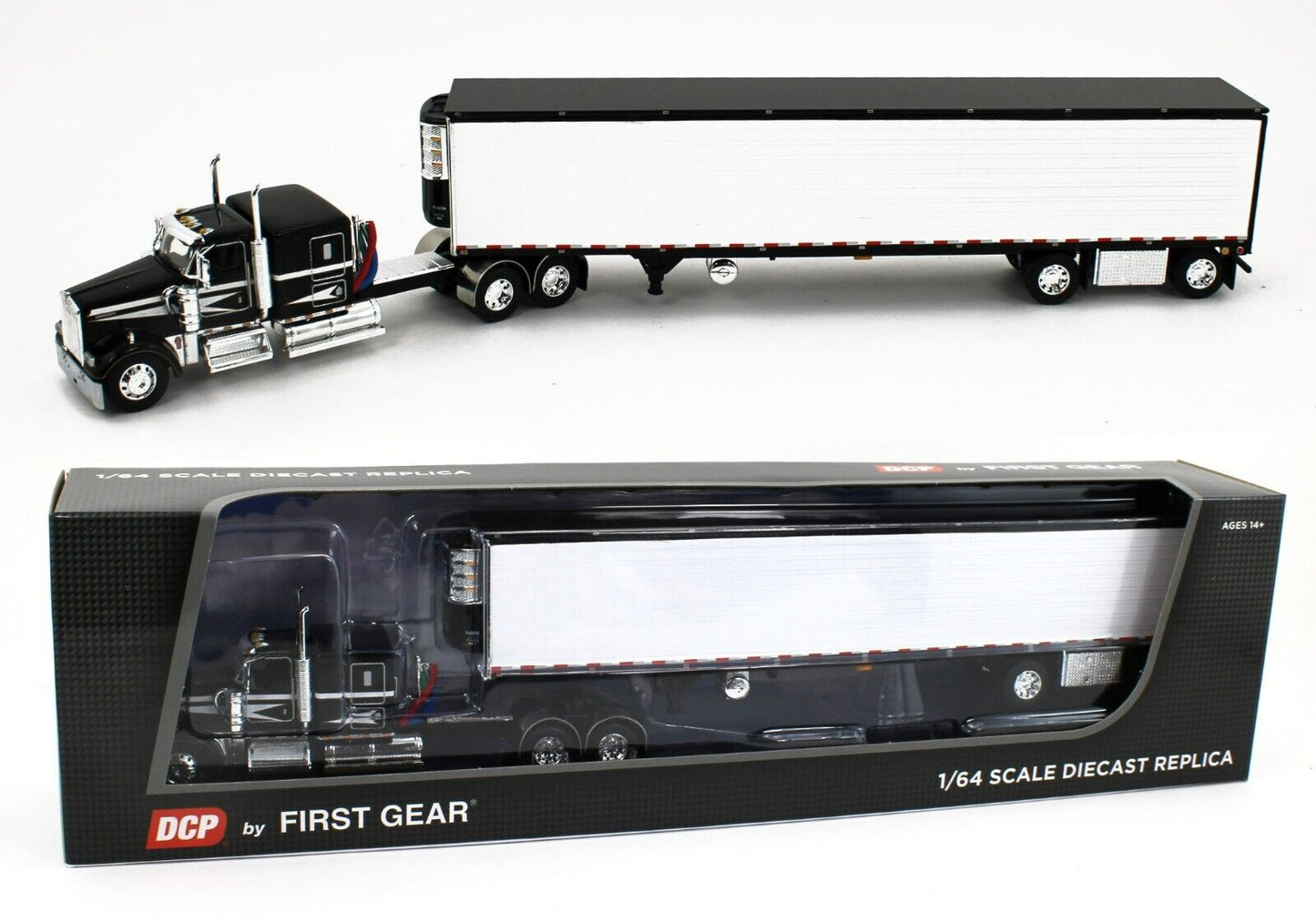 1:64 DCP Black and White Kenworth W900L with 53' Utility Ribbed Reefer Trailer