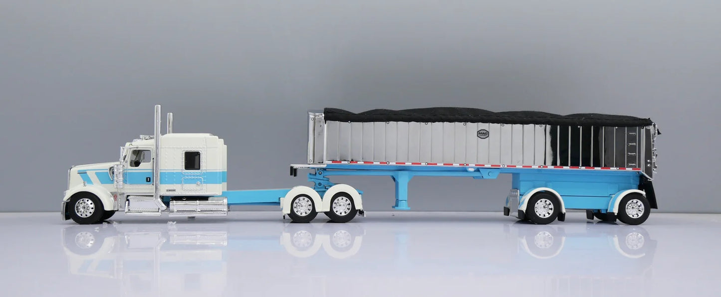 1:64 DCP Kenworth W900L Aerocab Flattop Sleeper Semi Truck & MAC Coal End Dump Trailer, White and Baby Blue