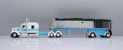 1:64 DCP Kenworth W900L Aerocab Flattop Sleeper Semi Truck & MAC Coal End Dump Trailer, White and Baby Blue