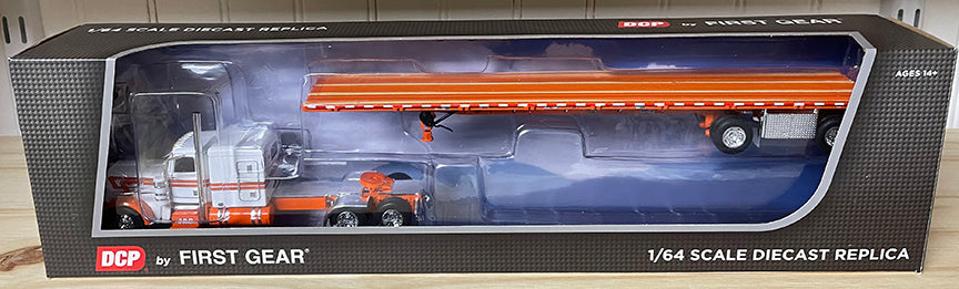 1:64 DCP Orange and White Peterbilt 389 w Wilson Road Brute Spread-Axle Trailer