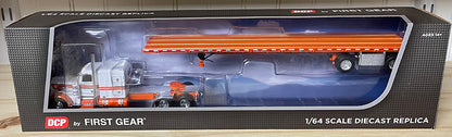 1:64 DCP Orange and White Peterbilt 389 w Wilson Road Brute Spread-Axle Trailer