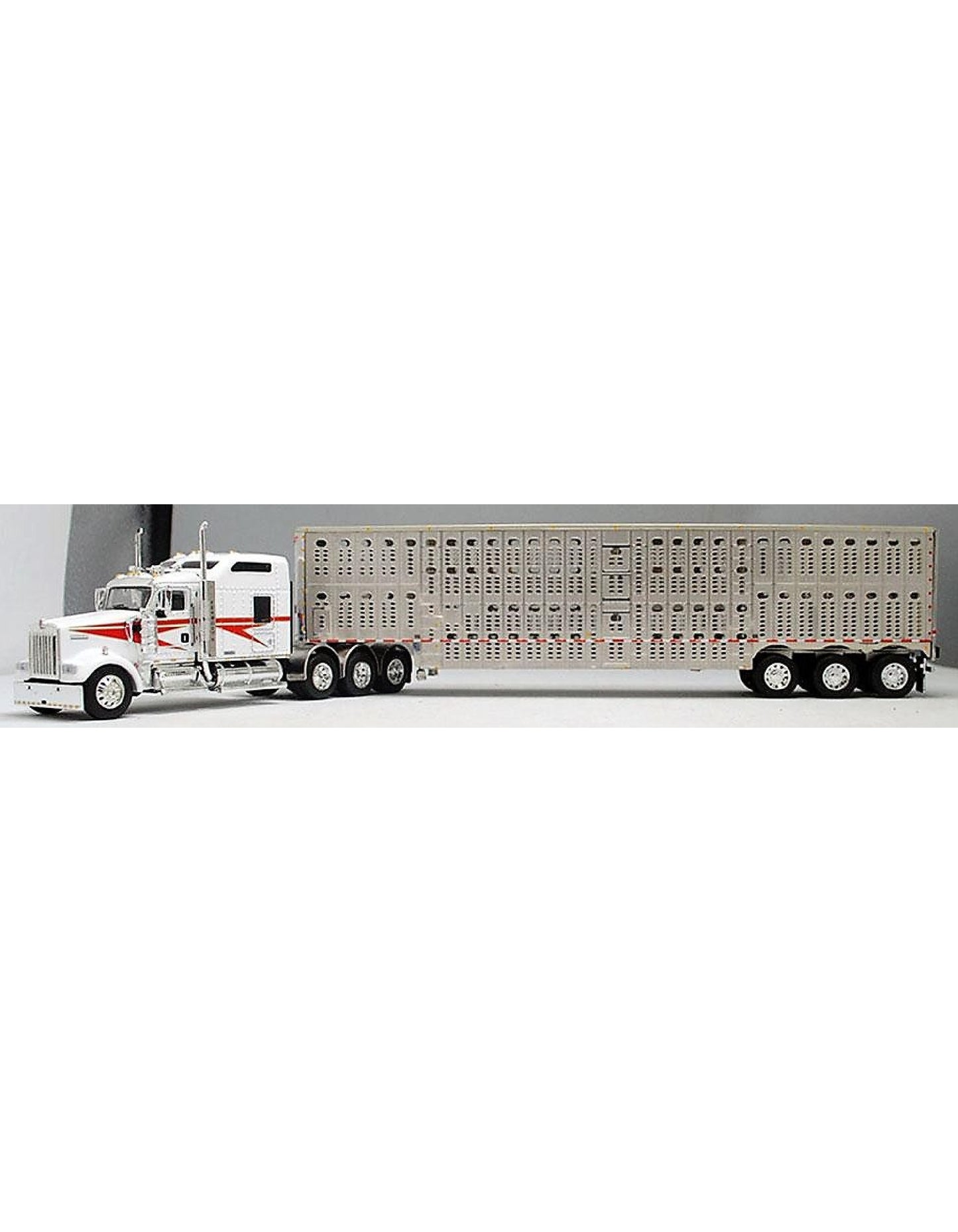1:64 DCP White and Red Kenworth W900L 86" Studio Sleeper Tri-Axle Tractor Cab with a Tri-Axle Wilson Livestock Trailer with Chrome End and Silver Roof