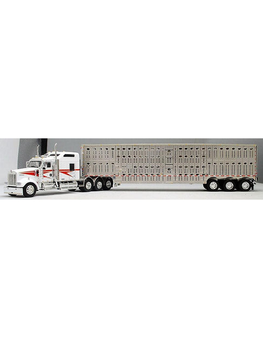 1:64 DCP White and Red Kenworth W900L 86" Studio Sleeper Tri-Axle Tractor Cab with a Tri-Axle Wilson Livestock Trailer with Chrome End and Silver Roof