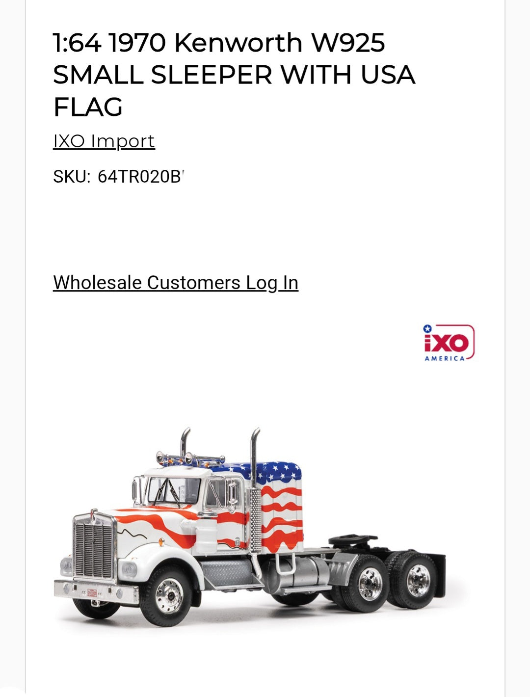 1:64 IXO 1970 Kenworth W925 small sleeper - USA flag