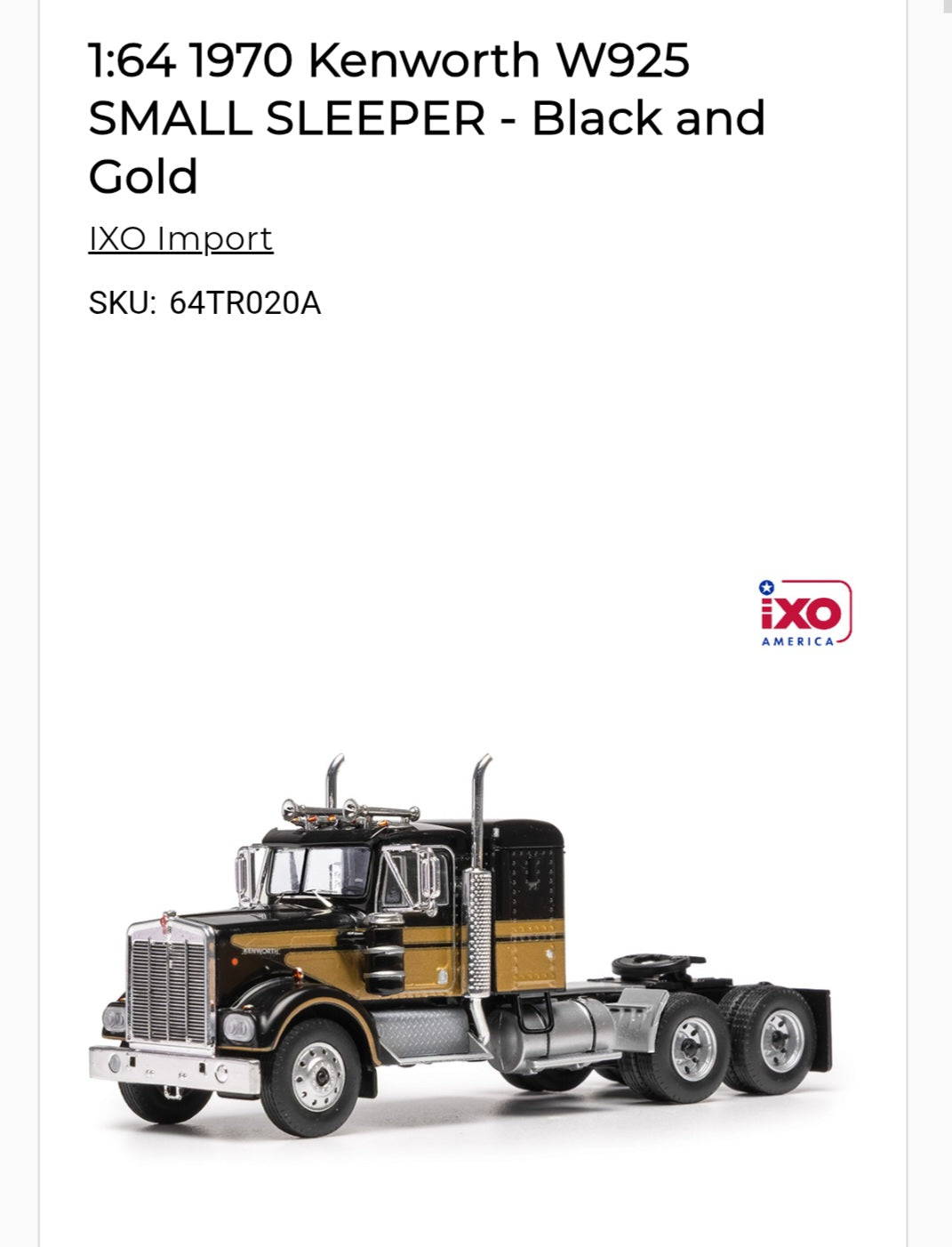 1:64 IXO 1970 Kenworth W925 small sleeper - Black and Gold