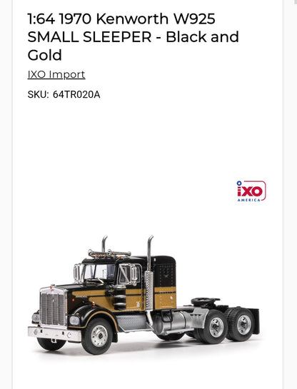 1:64 IXO 1970 Kenworth W925 small sleeper - Black and Gold