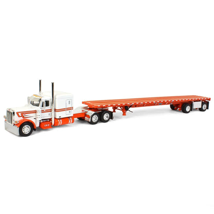 1:64 DCP Orange and White Peterbilt 389 w Wilson Road Brute Spread-Axle Trailer