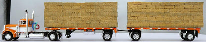 1:64 DCP Orange White Peterbilt 379 Single Axle Day Cab and Utility Dual 28.5' Flatbed Trailers with Hay Load