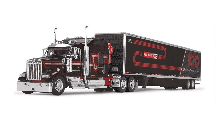 1:64 DCP Kenworth W900L with 86" Studio Sleeper and 53' Utility Trailer with Skirts, 100th Anniversary Edition