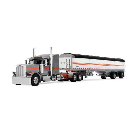 1:64 DCP Silver & Orange Peterbilt Model 589 w 58" Mid-Roof Sleeper and 50' Wilson Pacesetter Grain Trailer