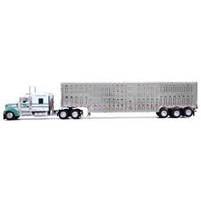 1:64 DCP White and Green V-Y Truckline Kenworth W900L 72" Aerocab Flattop sleeper and Wilson silver star tri axle livestock trailer