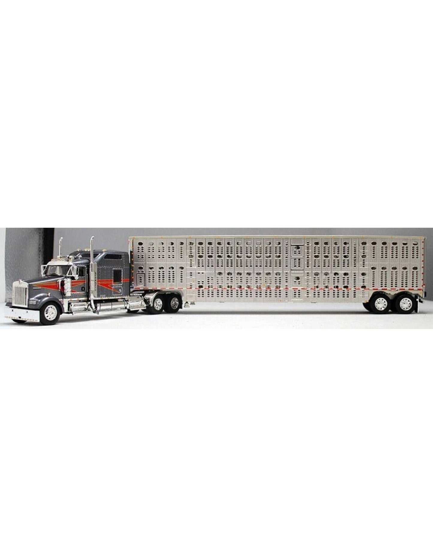 1:64 DCP Gray and Red Kenworth W900L 86" Studio Sleeper Tri-Axle Tractor Cab with a Tri-Axle Wilson Livestock Trailer with Chrome End and Silver Roof