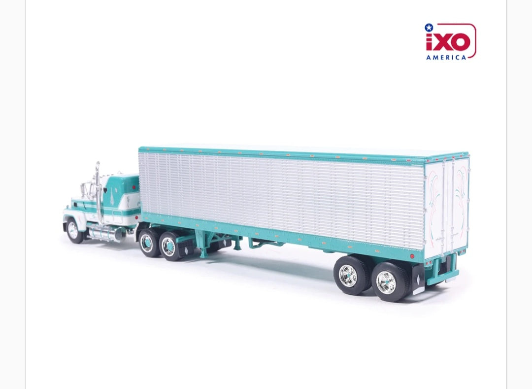 1:64 IXO 1978 Ford LTL-9000 - Caribbean Turquoise and Wimbledon White with vintage trailer