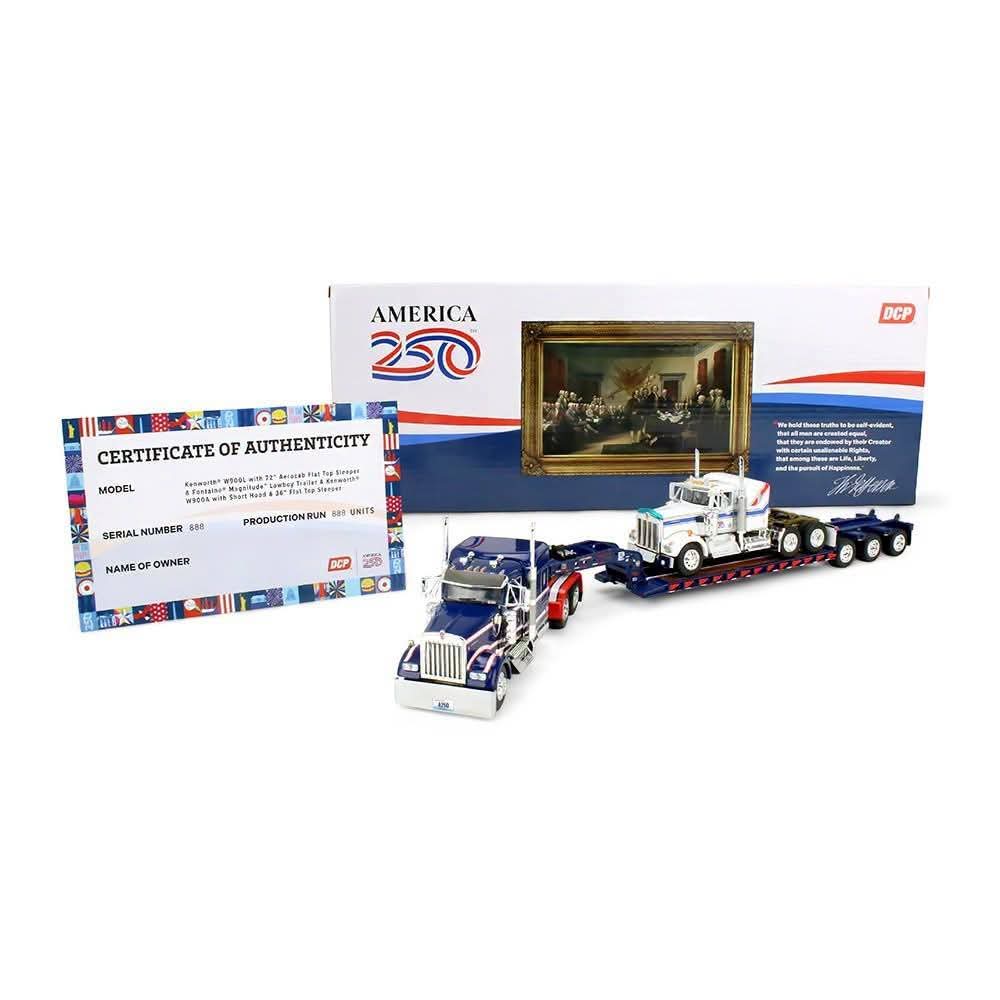 1:64 DCP America 250 Kenworth W900 w 72" aero flat top Magnatude lowboy w Kenworth 900A load