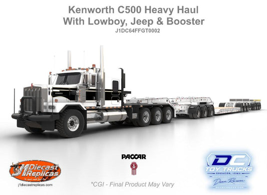 1:64 J1 Diecast Kenworth C500 Black and White Heavy Haul With Lowboy, Jeep and Booster