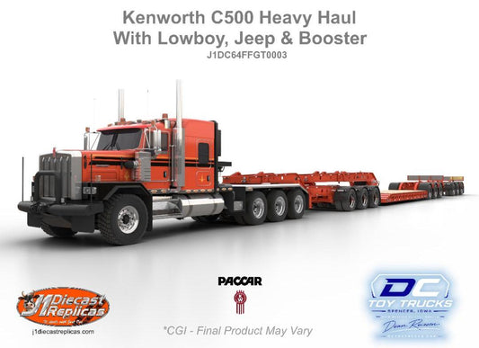 1:64 J1 Diecast Kenworth C500 Orange and Black Heavy Haul With Lowboy, Jeep and Booster