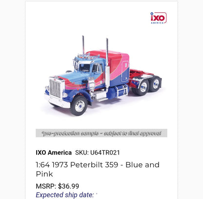 1:64 IXO 1973 Peterbilt 359 Blue and Pink (JC Alt)