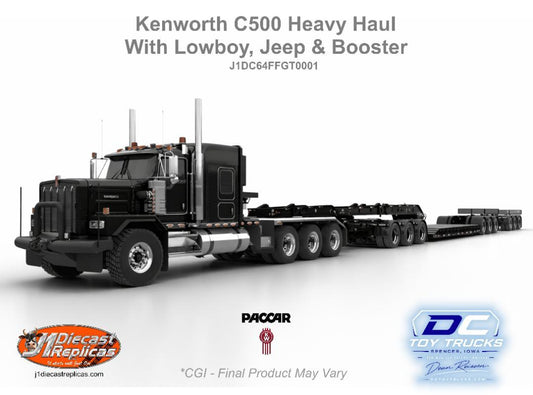 1:64 J1 Diecast Kenworth C500 Black Heavy Haul With Lowboy, Jeep and Booster