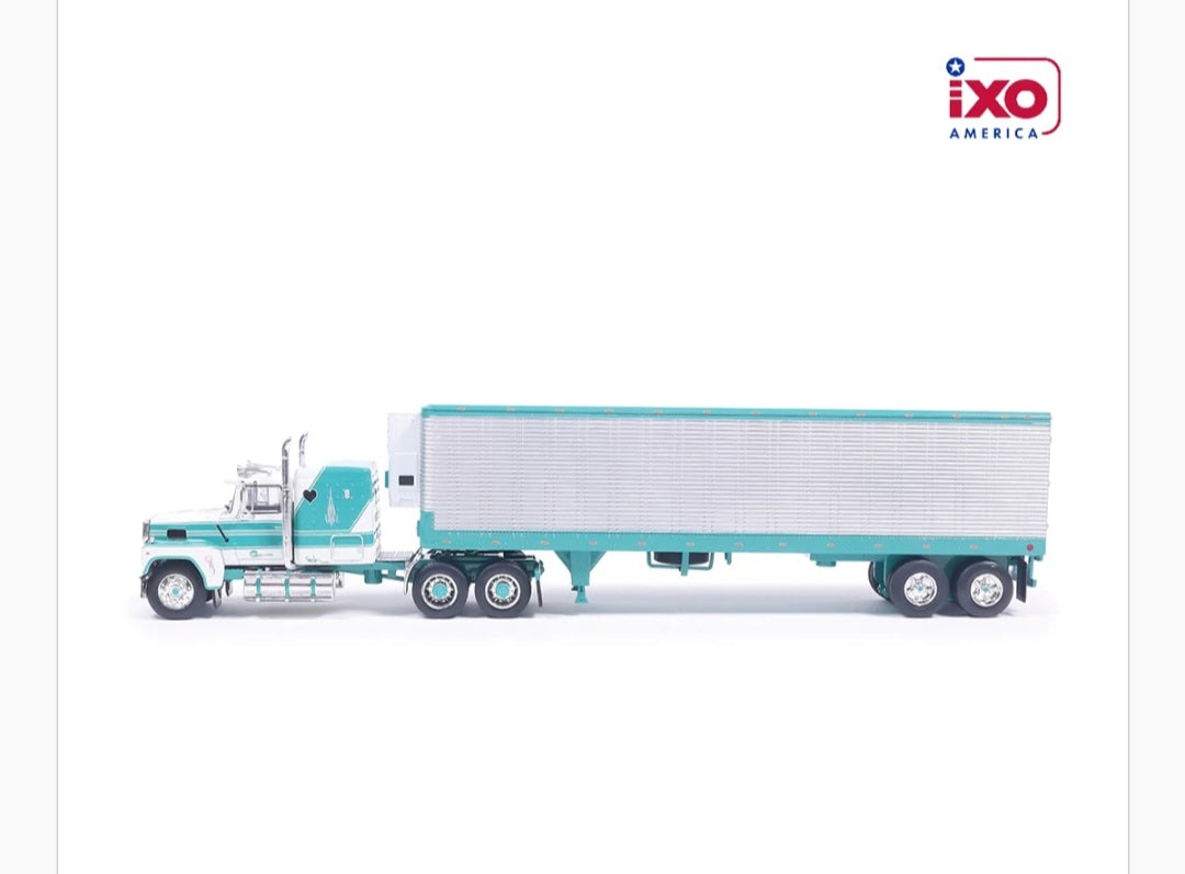 1:64 IXO 1978 Ford LTL-9000 - Caribbean Turquoise and Wimbledon White with vintage trailer