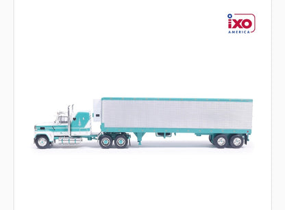 1:64 IXO 1978 Ford LTL-9000 - Caribbean Turquoise and Wimbledon White with vintage trailer