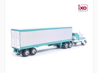 1:64 IXO 1978 Ford LTL-9000 - Caribbean Turquoise and Wimbledon White with vintage trailer
