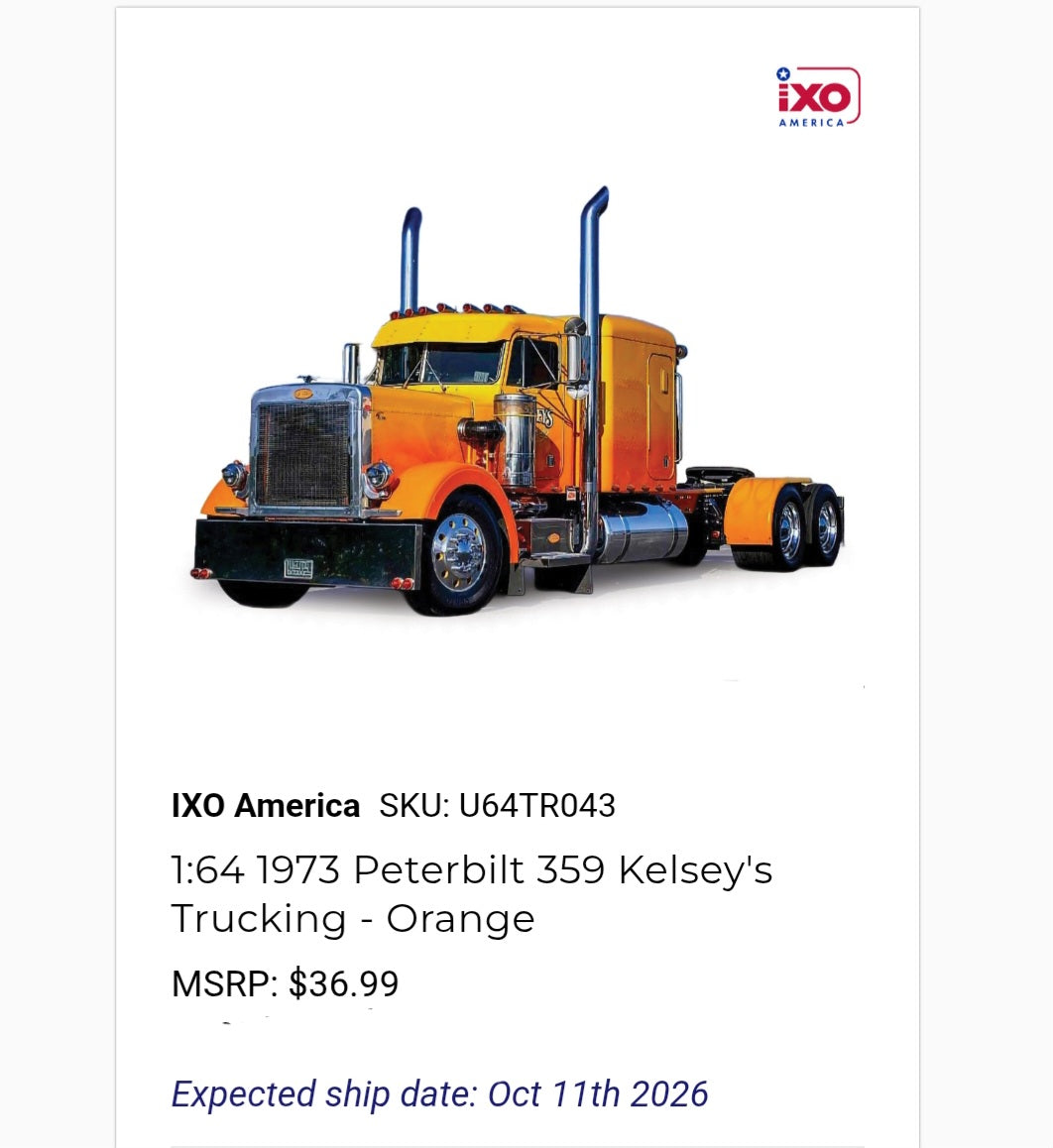 1:64 IXO Peterbilt 359 Kelsey's Trucking - Orange