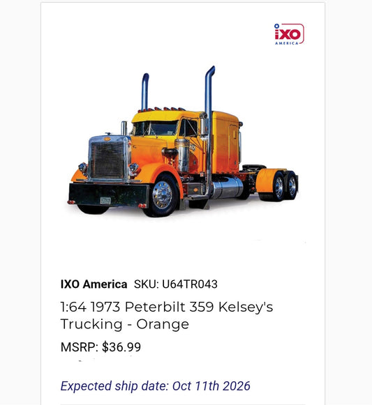 1:64 IXO Peterbilt 359 Kelsey's Trucking - Orange
