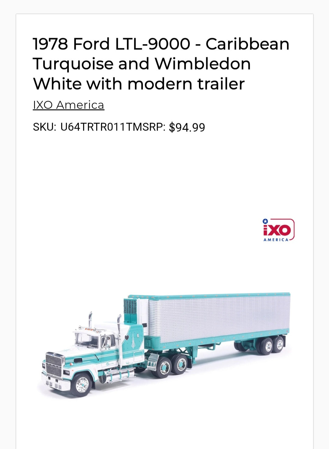 1:64 IXO 1978 Ford LTL-9000 - Caribbean Turquoise and Wimbledon White with vintage trailer