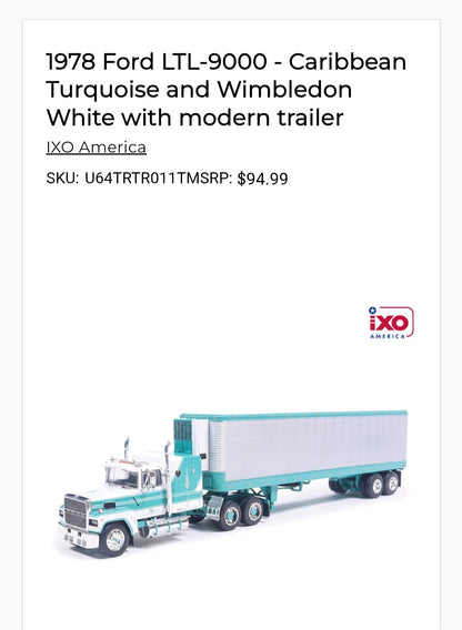 1:64 IXO 1978 Ford LTL-9000 - Caribbean Turquoise and Wimbledon White with vintage trailer