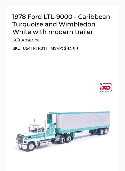 1:64 IXO 1978 Ford LTL-9000 - Caribbean Turquoise and Wimbledon White with vintage trailer