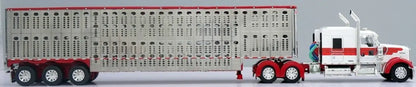 1:64 DCP White and Red Kenworth W900L 72" Aerocab Flattop sleeper and Wilson silver star tri axle livestock trailer