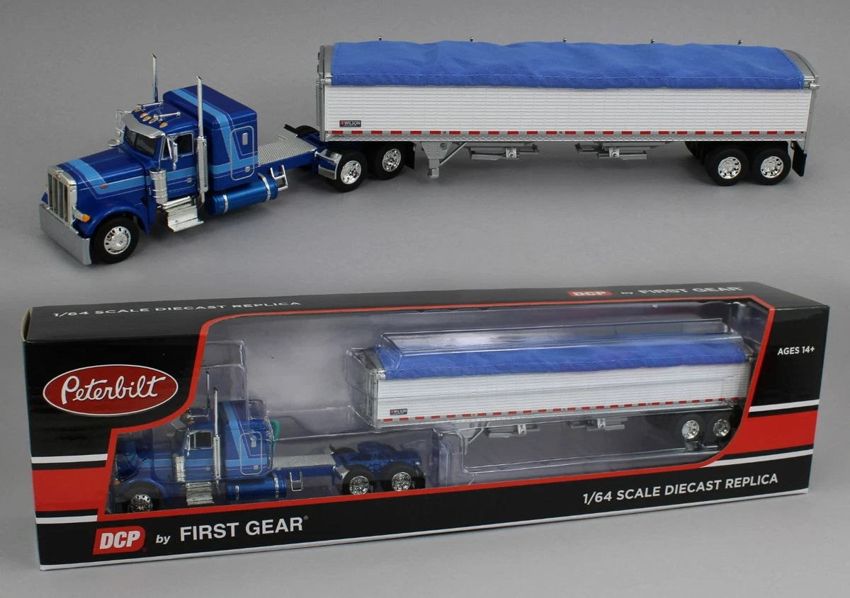 1:64 DCP Blue Peterbilt 379 Semi with White 43′ Wilson Pacesetter Grain Trailer