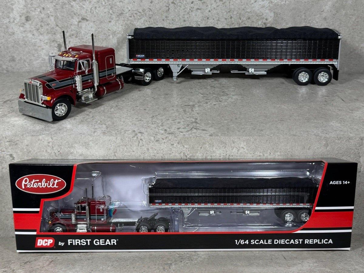 1:64 DCP Red and Black Peterbilt 379 Semi with White 43′ Wilson Pacesetter Grain Trailer