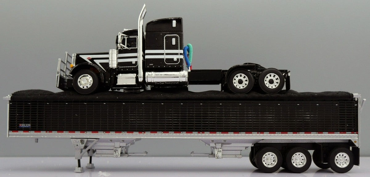 1:64 DCP Black and White Peterbilt 379 w Midroof Sleeper and Tri Axle Wilson Grain Trailer