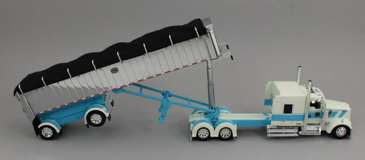 1:64 DCP Kenworth W900L Aerocab Flattop Sleeper Semi Truck & MAC Coal End Dump Trailer, White and Baby Blue