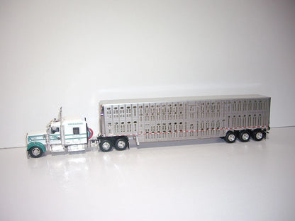 1:64 DCP White and Green V-Y Truckline Kenworth W900L 72" Aerocab Flattop sleeper and Wilson silver star tri axle livestock trailer