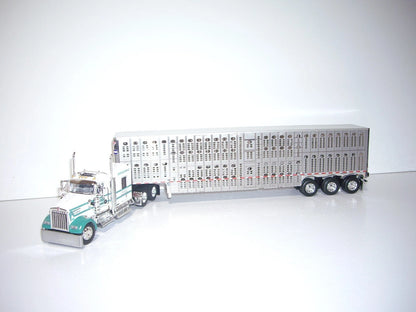 1:64 DCP White and Green V-Y Truckline Kenworth W900L 72" Aerocab Flattop sleeper and Wilson silver star tri axle livestock trailer