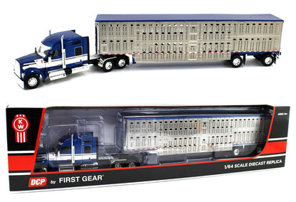 1:64 DCP Blue Metallic White Kenworth W990 76-inch Mid Roof Sleeper with Silver Sided Blue Metallic Trim Spread Axle Wilson Silver Star Livestock Trailer