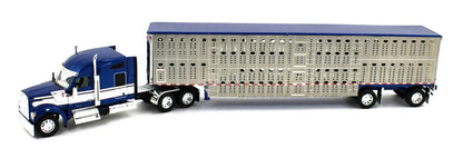 1:64 DCP Blue Metallic White Kenworth W990 76-inch Mid Roof Sleeper with Silver Sided Blue Metallic Trim Spread Axle Wilson Silver Star Livestock Trailer